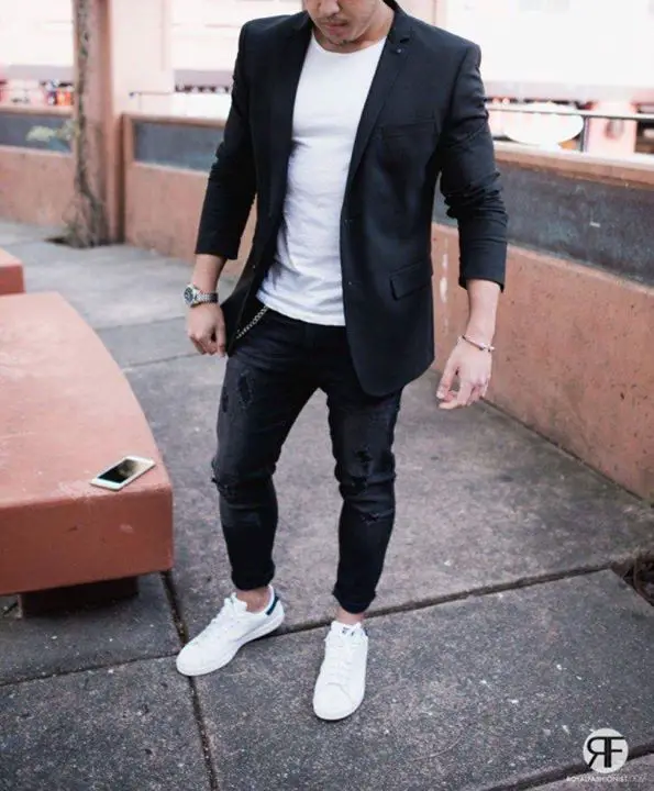 black suit with white sneakers